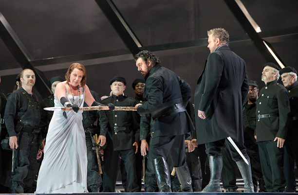 Götterdammerung, Act II: Nina Stemme (Brünnhilde), Andrea Silvestrelli (Hagen) and Ian Storey (Siegfried) with members of the San Francisco Opera chorus. Photo Cory Weaver. Götterdammerung, Act II: Nina Stemme (Brünnhilde), Andrea Silvestrelli (Hagen) and Ian Storey (Siegfried) with members of the San Francisco Opera chorus. Photo Cory Weaver.