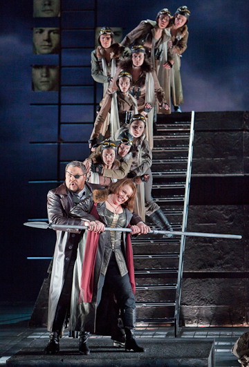 Die Walküre, Act III: Mark Delavan (Wotan) and Nina Stemme (Brünnhilde) with the Valkyries. Photo Cory Weaver. Die Walküre, Act III: Mark Delavan (Wotan) and Nina Stemme (Brünnhilde) with the Valkyries. Photo Cory Weaver.
