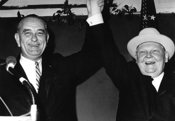LBJ and German Chancellor Ludwig Erhard in the Stonewall High School Gymnasium, 29 December 1963.